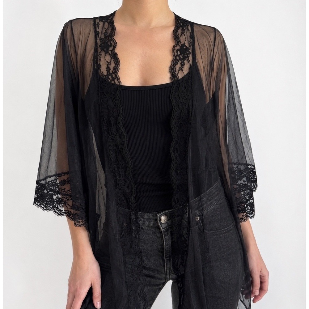 Vintage Sheer Lace Kimono Sz L Black Mesh Gothic Romantic Boudoir Dark Feminine